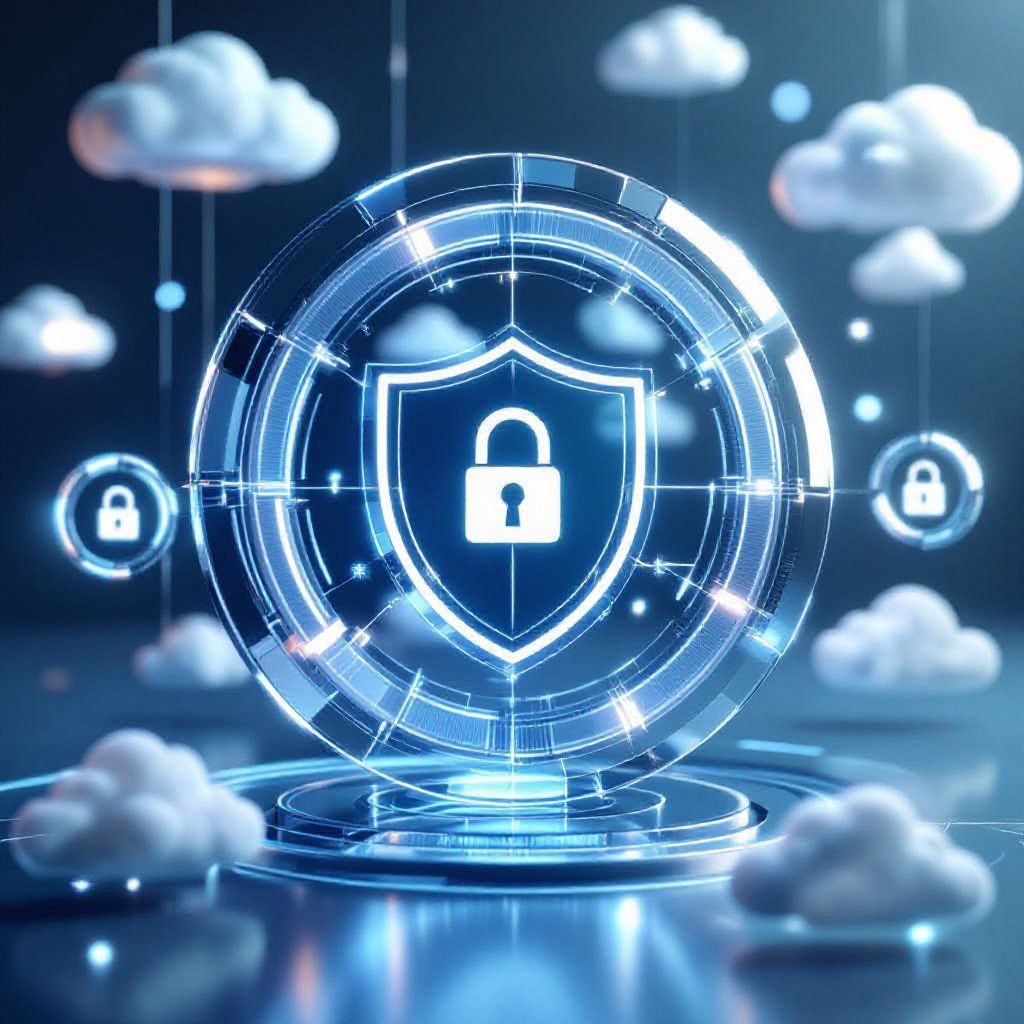 푸른빛이 감도는 어두운 배경과 주변에 떠다니는 구름들 사이로, 디지털 원판 위에 자물쇠 아이콘이 중앙에 있는 빛나는 방패 모양이 서 있는 모습. 이는 클라우드 보안과 데이터 보호를 상징합니다.
