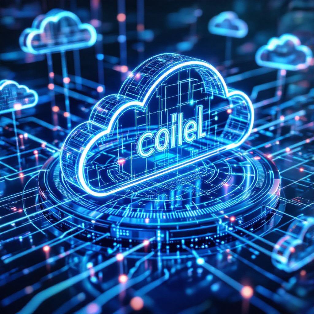 어둡고 푸른빛이 도는 디지털 회로 기판 위로 'coilel'이라는 단어가 새겨진 네온빛 구름 모양 아이콘이 떠 있는 모습으로, 클라우드 컴퓨팅과 기술을 상징합니다.