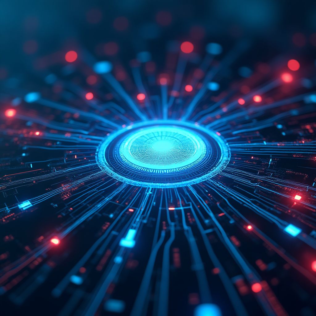 어둡고 푸른색 배경에 중앙에 밝게 빛나는 원형 구조를 중심으로 붉은색과 푸른색의 광선 또는 회로가 사방으로 뻗어나가는 모습으로, 데이터 전송, 중앙 집중식 처리, 또는 인공지능 코어를 상징합니다.