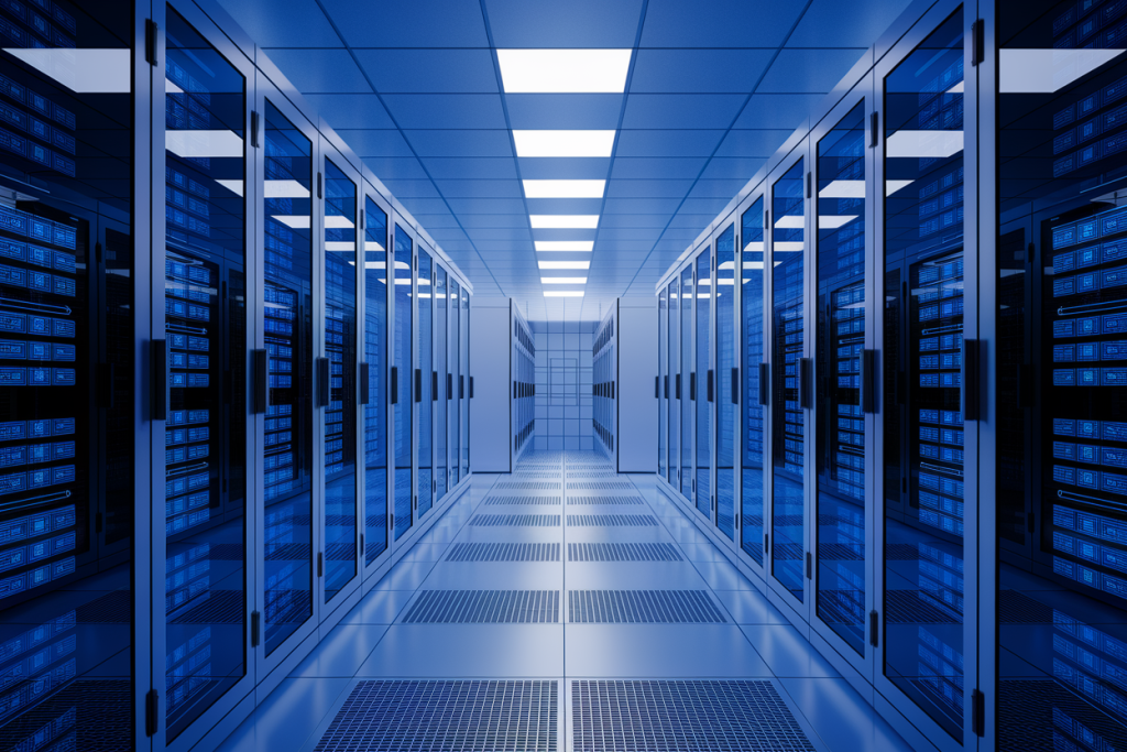 서버 랙 앞에서 노트북을 사용하는 두 명의 IT 전문가가 중앙 보안 방패 아이콘과 보안 용어가 표시된 사이버 보안 작업 공간 일러스트