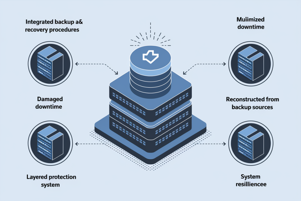 중앙 의료 아이콘을 중심으로 데이터 안정성, 프로토콜 및 통합 지표 범주가 연결된 의료 사이버 보안 프레임워크 원형 다이어그램