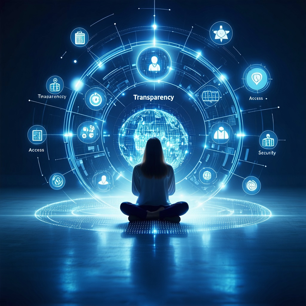 어두운 공간에서 한 여성이 명상 자세로 앉아있고, 그녀 뒤로 투명성, 접근성, 보안과 같은 개념을 나타내는 아이콘들과 'Transparency'라는 단어가 새겨진 푸른빛 순환 고리가 지구본을 둘러싸고 있는 모습. 이는 디지털 윤리 및 데이터 관리의 균형을 상징합니다.