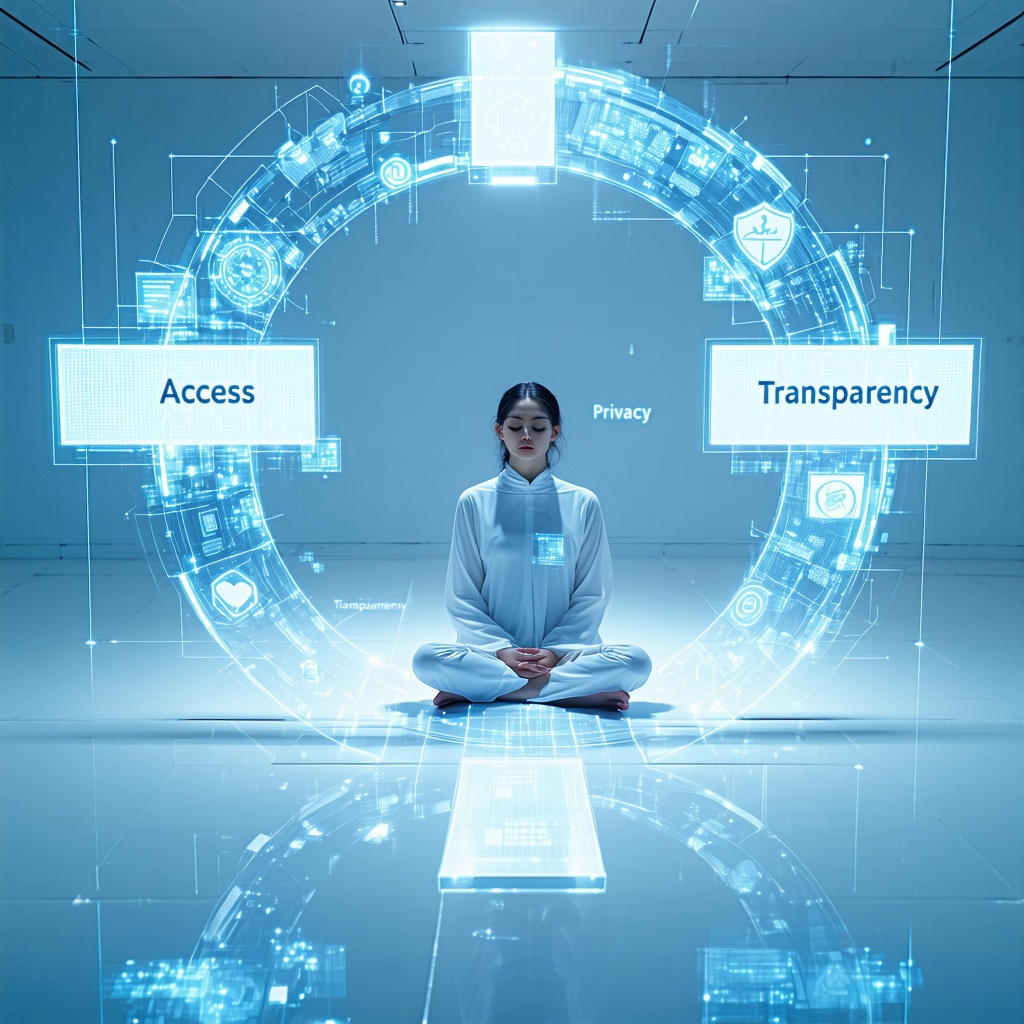 미래지향적인 푸른빛 공간에서 흰색 옷을 입은 사람이 명상 자세로 앉아있고, 그 주위로 'Access'와 'Transparency'라는 단어가 표시된 정보 순환 고리가 돌아가며 데이터 프라이버시, 접근성, 투명성의 개념을 보여줍니다.