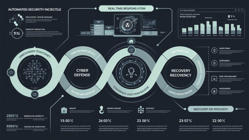 중앙 보안 방패와 사이버 보안 용어가 표시된 서버 룸에서 작업하는 두 IT 전문가의 일러스트
