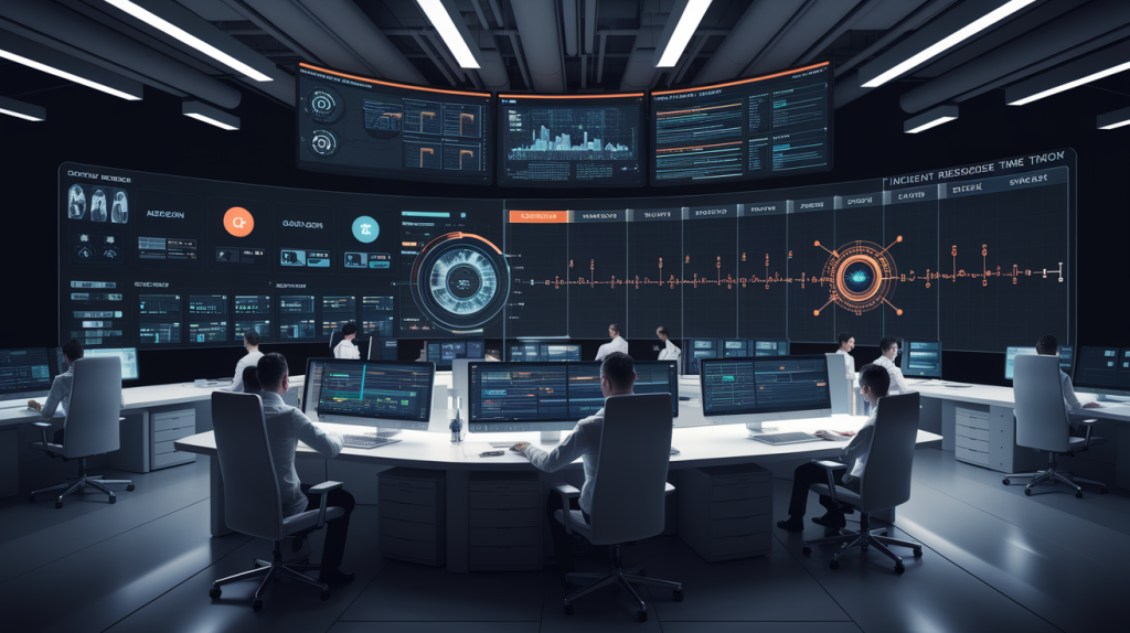 보안 아이콘과 빨간색 표적 마커로 연결된 여러 건물이 있는 스마트 시티 인프라의 아이소메트릭 네트워크 보안 다이어그램