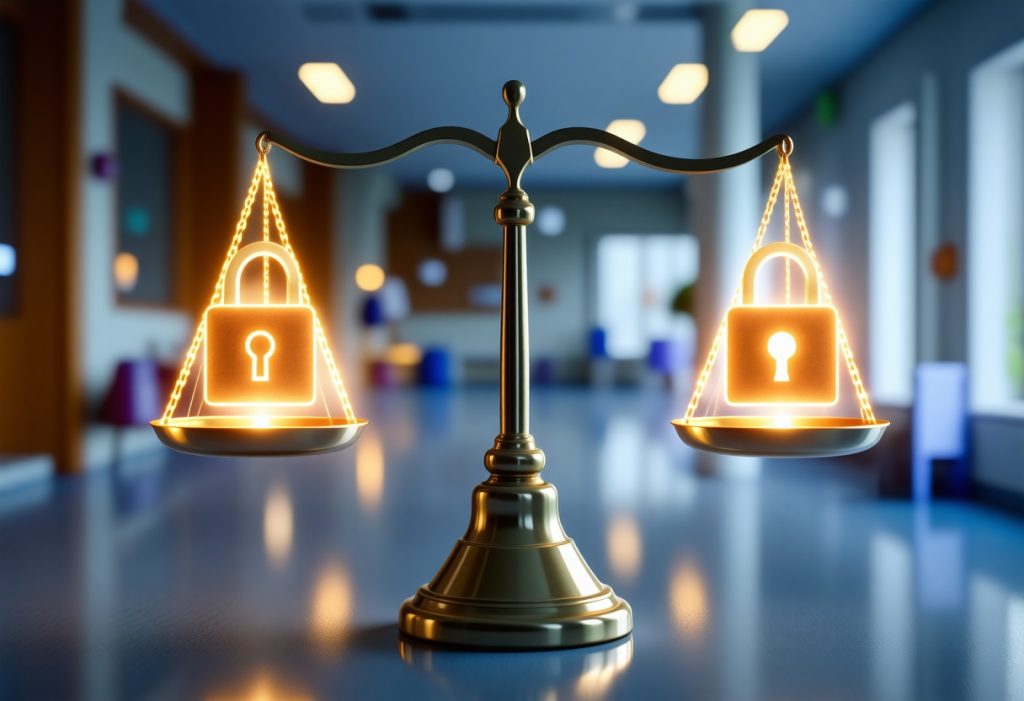 법원에서 흔히 볼 수 있는 천칭 위에 황금빛으로 빛나는 자물쇠 두 개가 각각의 접시에 균형 있게 놓여 있는 모습. 이는 데이터 보안과 법적 균형을 상징합니다.