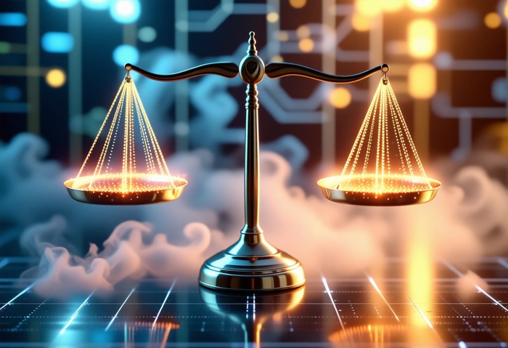 미래적인 푸른빛과 주황빛 환경에서 증기 또는 연기가 피어오르는 배경에, 데이터 흐름 또는 에너지를 상징하는 빛줄기가 가득 찬 접시를 가진 천칭이 균형을 이루고 있는 모습. 이는 디지털 세계에서의 공정함이나 균형을 나타냅니다.