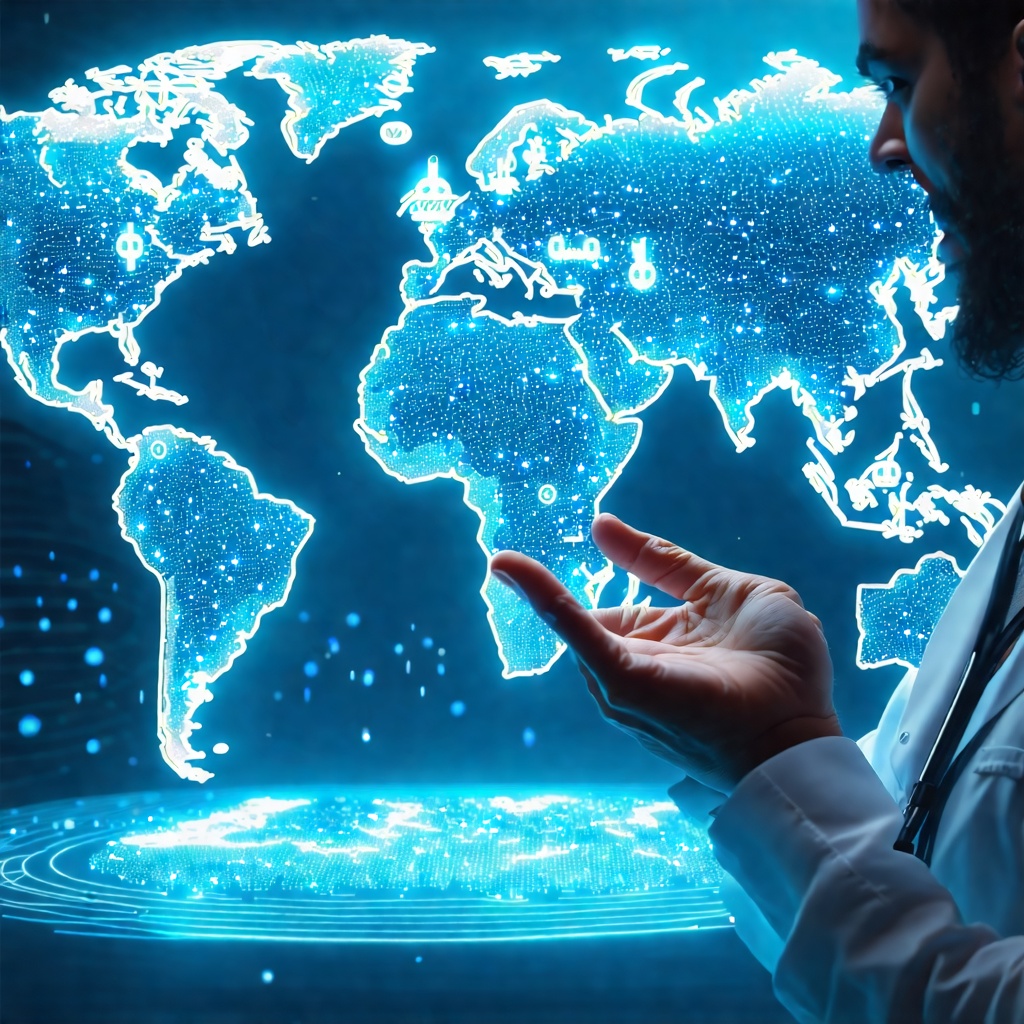 남성 의사나 과학자로 보이는 사람이 어두운 배경에서 푸른빛 점들로 연결된 세계 지도를 손으로 가리키며 살펴보고 있는 모습으로, 글로벌 데이터 연결성이나 디지털 헬스케어, 전 세계적인 기술 확산을 시사합니다.