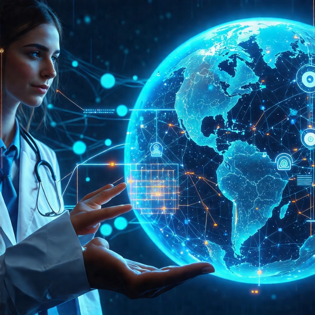 여성 의사나 과학자로 보이는 사람이 푸른빛을 발하는 연결된 글로벌 지도가 담긴 지구본을 손 위에 들고 있는 모습. 의료 기술의 글로벌 연결이나 데이터 공유를 상징합니다.