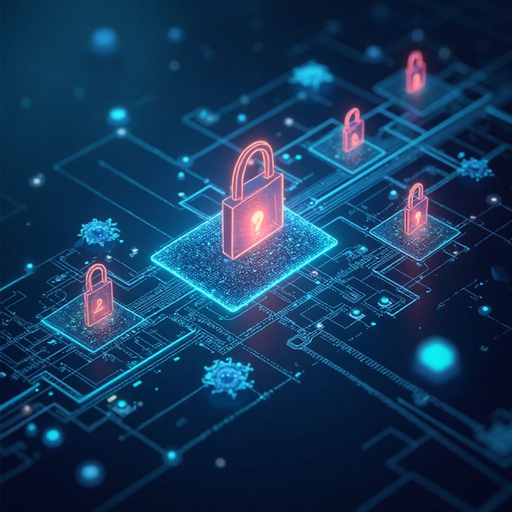 석양 도시 스카이라인을 배경으로 주황색 자물쇠 아이콘이 있는 청록색 디지털 코드 및 데이터 스트림의 사이버 보안 개념 이미지