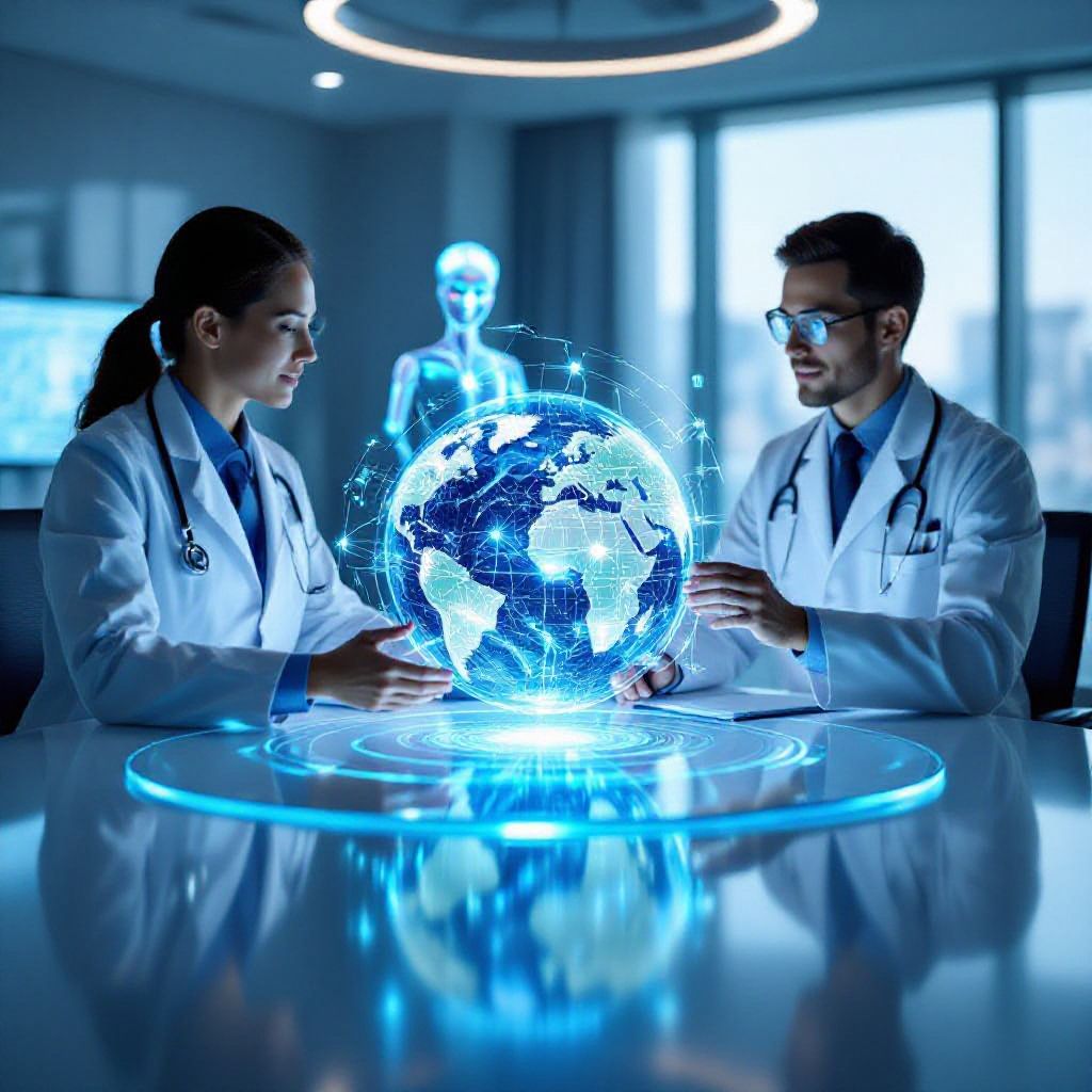남녀 의사 또는 과학자 두 명이 테이블을 사이에 두고 푸른빛 홀로그램 지구본을 바라보며 대화하고 있으며, 뒤편에는 빛나는 인체 홀로그램이 서 있는 모습. 글로벌 의료 정보 공유와 디지털 헬스를 나타냅니다.