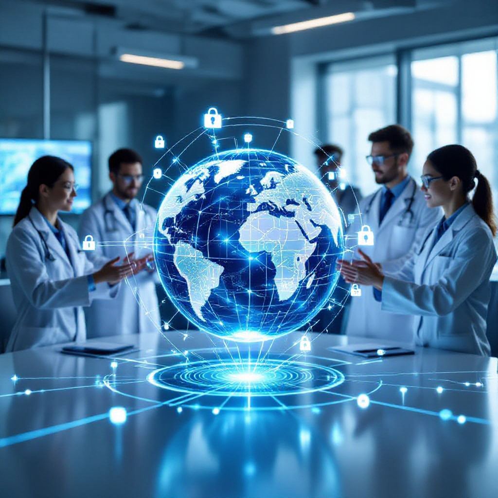 실험복을 입은 의사 또는 과학자 팀이 테이블 주위에 서서, 보안을 상징하는 자물쇠 아이콘으로 둘러싸인 푸른빛의 홀로그램 지구본을 중심으로 토론하는 모습. 글로벌 헬스케어 데이터 보안을 나타냅니다.