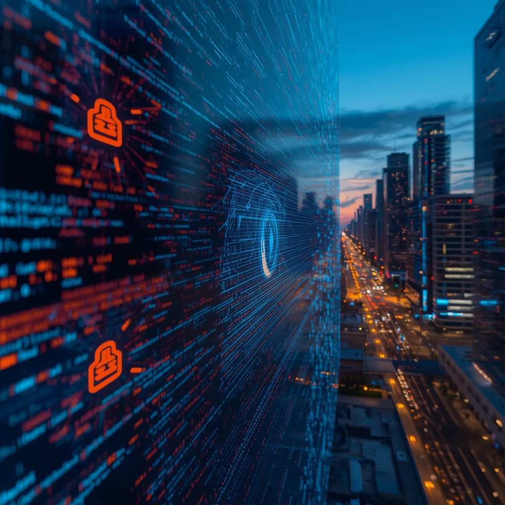 도시 전경을 배경으로 주황색 보안 아이콘과 청록색 디지털 코드가 있는 사이버 보안 데이터 암호화 개념 이미지