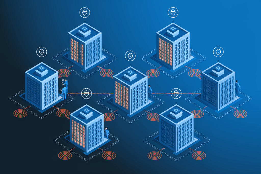 바이러스 아이콘과 함께 회로 기판 위에 빛나는 분홍색 자물쇠 아이콘이 있는 사이버 보안 위협 및 보호 개념의 아이소메트릭 일러스트