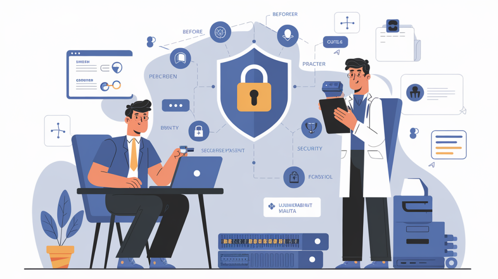 검증 배지와 역할 기반 접근이 있는 의사와 환자 간 인증 프로세스를 보여주는 의료 디지털 인증 시스템 일러스트