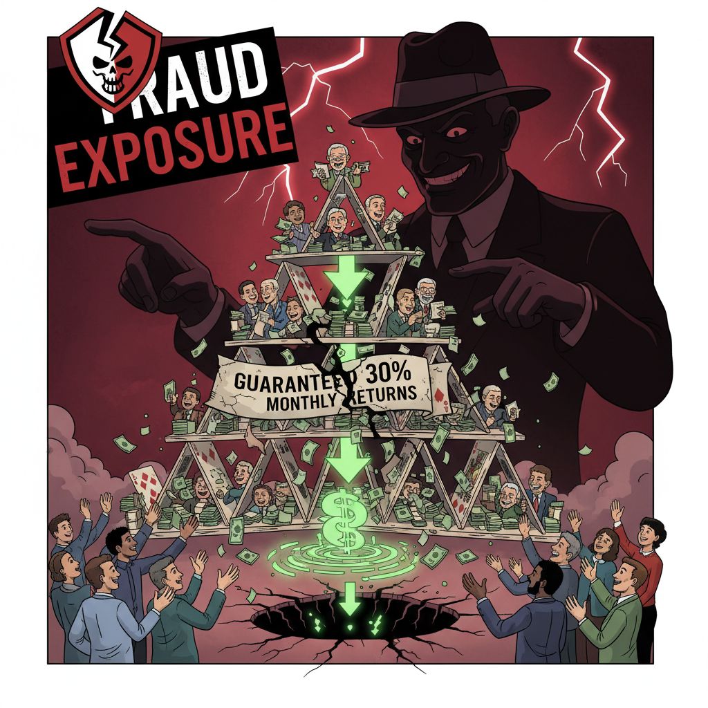 검은 인물이 뒤에서 조종하듯 서 있고 카드로 쌓은 피라미드 구조 위로 돈이 오르내리며 아래로 빨려 들어가는 사기 구조의 도식적 장면