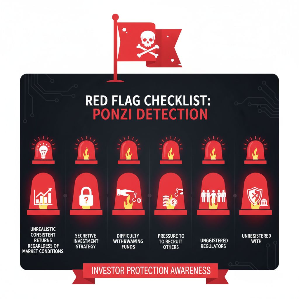 폰지 사기 탐지 레드 플래그 체크리스트 - 해골 깃발 아래 12개의 빨간 경고등: 비현실적 일관된 수익, 비밀스러운 투자 전략, 자금 인출 어려움, 타인 모집 압박, 미등록 규제 기관, 투자자 보호 인식