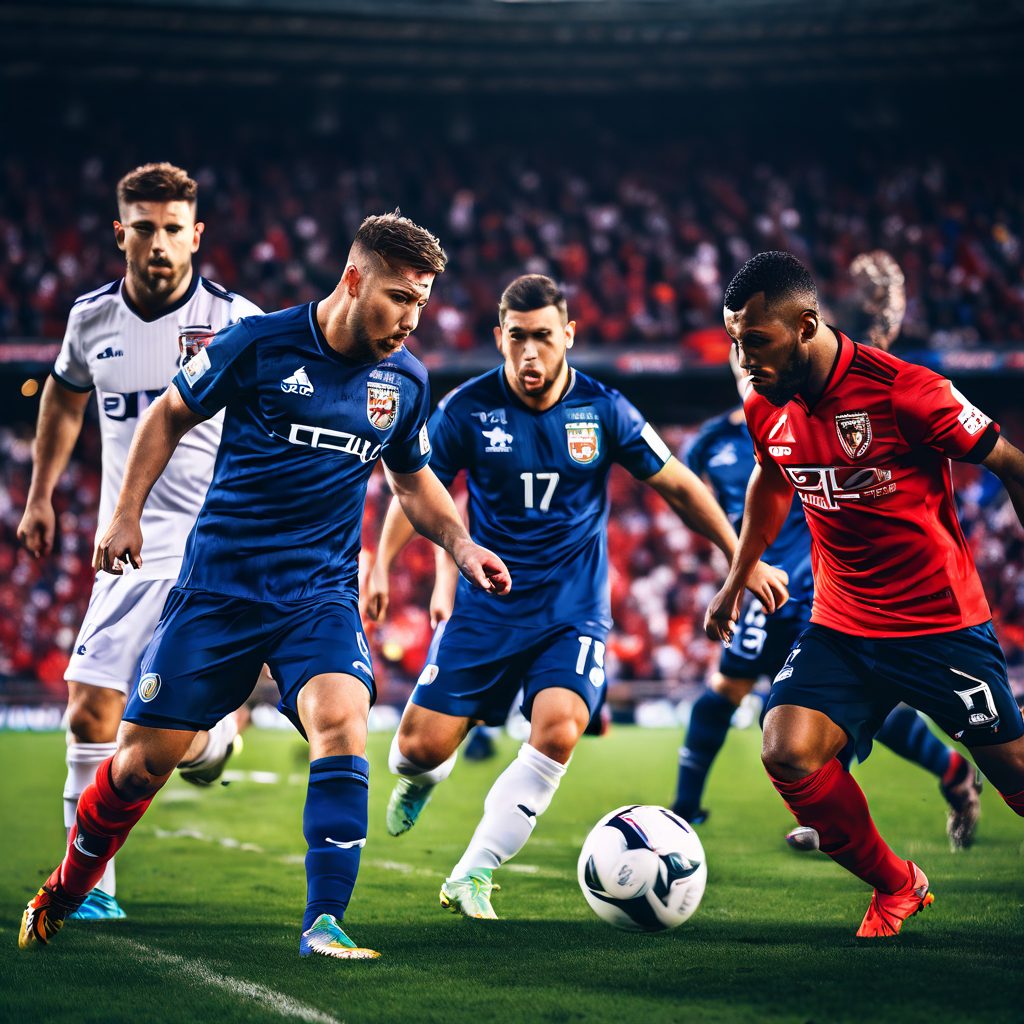 긴장감 넘치는 축구장에서 한 선수가 공을 빼앗기자 상대팀이 빠르게 역습을 시작하는 장면이다.