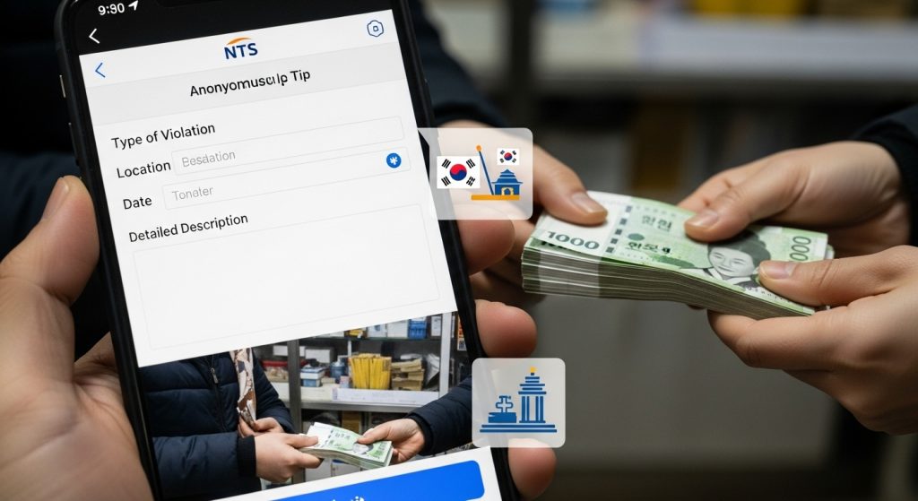 손에 든 스마트폰의 NTS 익명 제보 앱 화면 - 위반 유형, 위치, 날짜, 상세 설명 입력 필드, 배경에 한국 원화 지폐와 태극기 및 국회의사당 아이콘