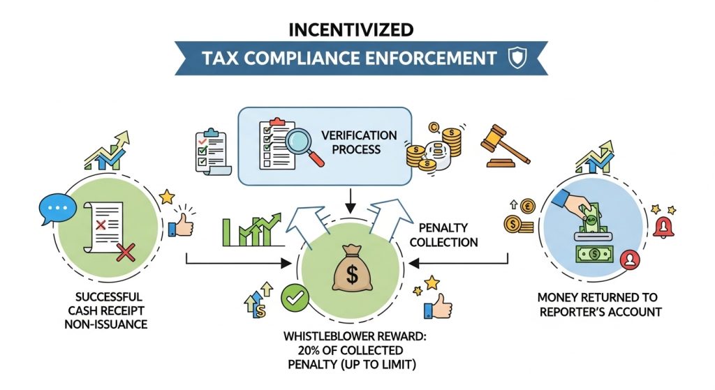 인센티브 세금 준수 집행 흐름도 - 검증 프로세스, 벌금 징수, 내부고발자 보상 20% (한도까지), 신고자 계좌로 환급, 성공적인 현금 영수증 미발행 순환 과정