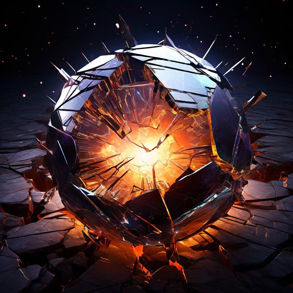 중앙의 금이 간 수정 구슬에서 퍼져 나온 균열이 복잡한 연결망을 타고 무질서한 디지털 공간으로 뻗어 나가는 모습이다.