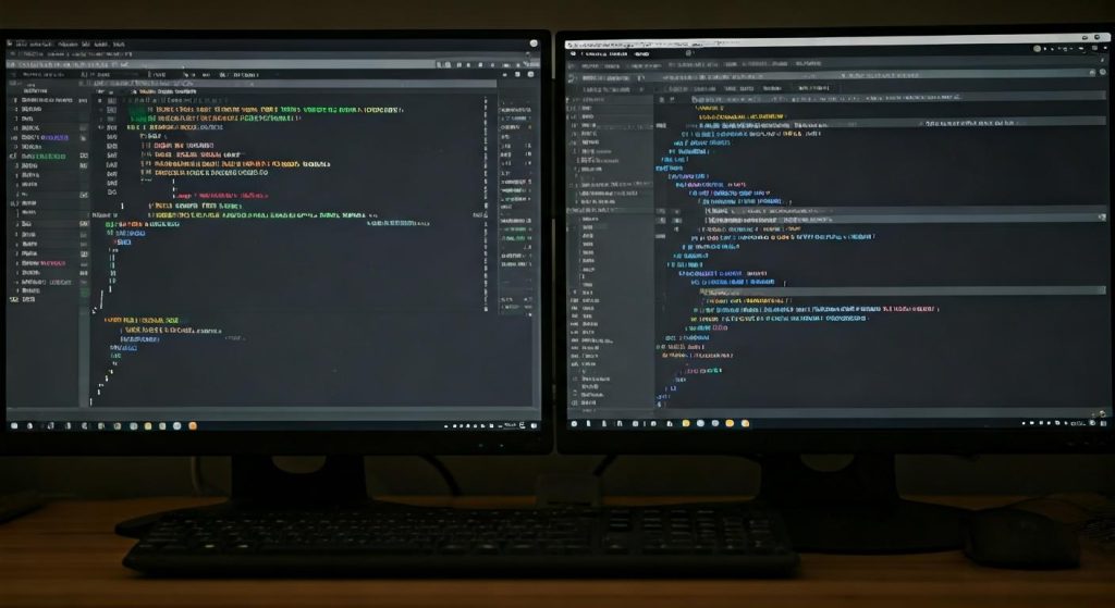 듀얼 모니터 개발 환경 - 양쪽 화면에 복잡한 코드와 터미널 창이 표시된 프로그래밍 작업 공간, 어두운 배경