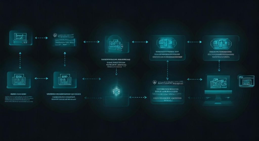 다크 사이버 보안 네트워크 맵 - 청록색 홀로그램 스타일로 연결된 다양한 시스템 노드들, 데이터 흐름과 보안 프로토콜을 보여주는 점선 화살표