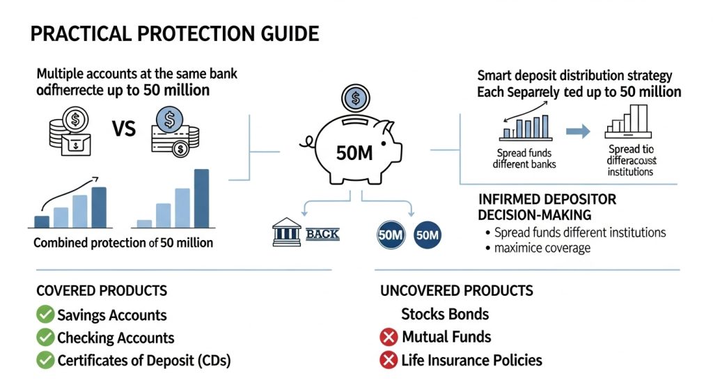 실용적 보호 가이드 - 동일 은행 다중 계좌 vs 스마트 예금 분산 전략 (각각 최대 5천만 원), 보장 상품 (저축예금, 당좌예금, CD) vs 미보장 상품 (주식채권, 뮤추얼펀드, 생명보험) 구분