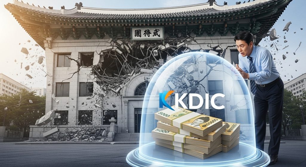 무너지는 한국 전통 건물 앞 KDIC 보호막 - 투명한 돔 안에 보호된 한국 원화 뭉치, 양복 입은 남성이 지키고 있는 예금자 보호 개념 이미지