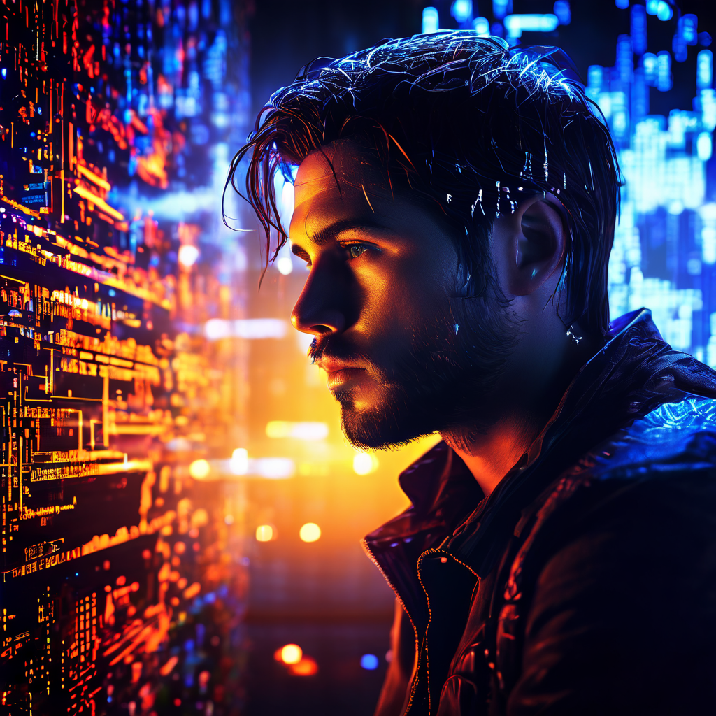 화면을 밝히는 게임 코드 빛을 받으며 컴퓨터를 바라보는 남자, 그 반사된 얼굴은 지친 디지털 아바타가 무한히 반복되는 모습이다.