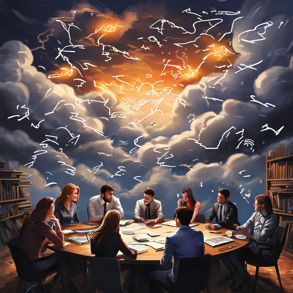 혼란스러운 팀 브레인스토밍 장면으로, 흩어진 물음표와 뒤엉킨 화살표 위로 거대한 먹구름이 드리워져 있다.