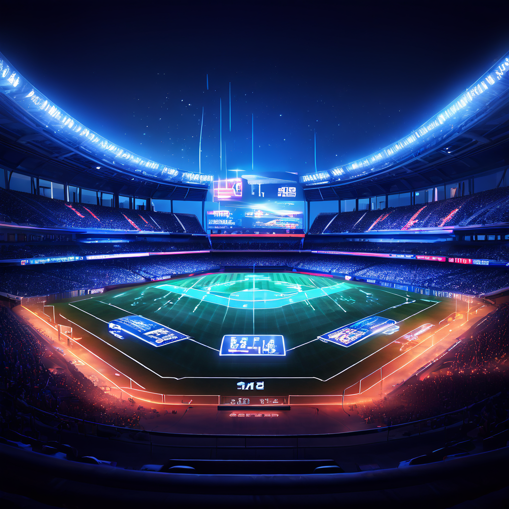 미래지향적인 야구장에 선수 통계와 데이터 흐름이 발광하는 투사 광선으로 경기장과 스코어보드에 비춰진 모습이다.