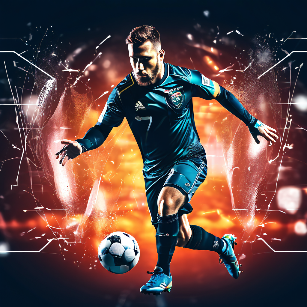 전술 홀로그램 위로 압박 전술을 분석하는 현대적 골키퍼가 다이내믹한 포즈로 경기 전략을 주도하는 모습이다.