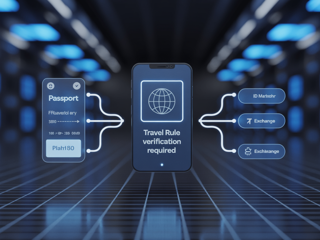 여권 정보와 거래소 인증이 연결되어 Travel Rule 확인이 필요한 과정을 보여주는 디지털 검증 인터페이스