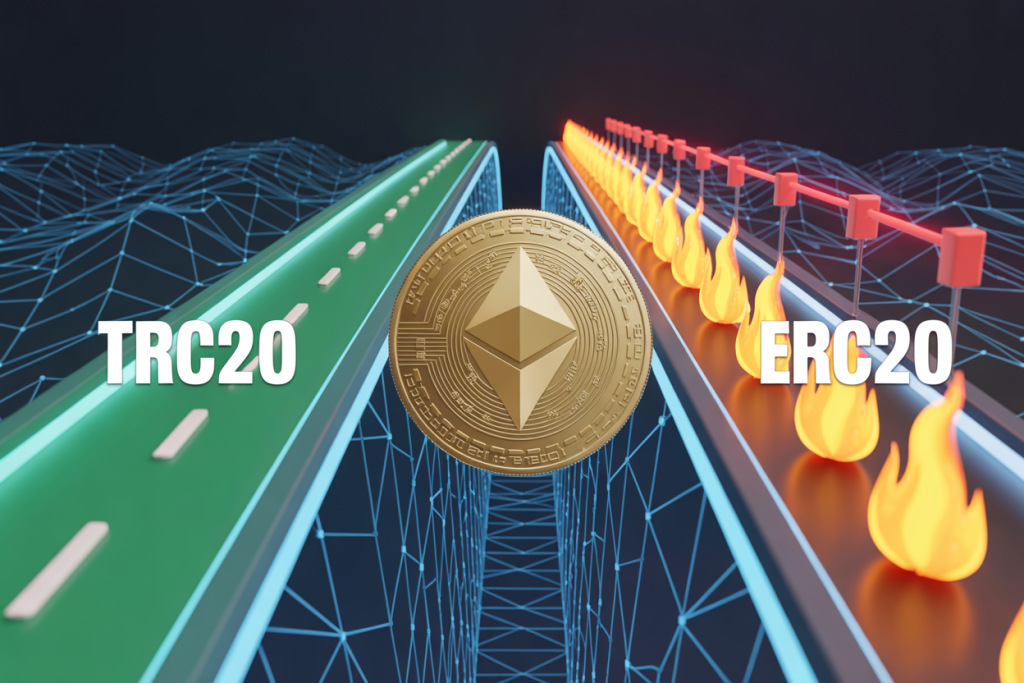 TRC20과 ERC20 네트워크 속도 차이를 도로와 불길 효과로 표현한 이더리움 비교 그래픽