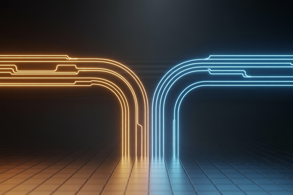 주황색과 파란색 라인이 합류하는 디지털 회로 패턴