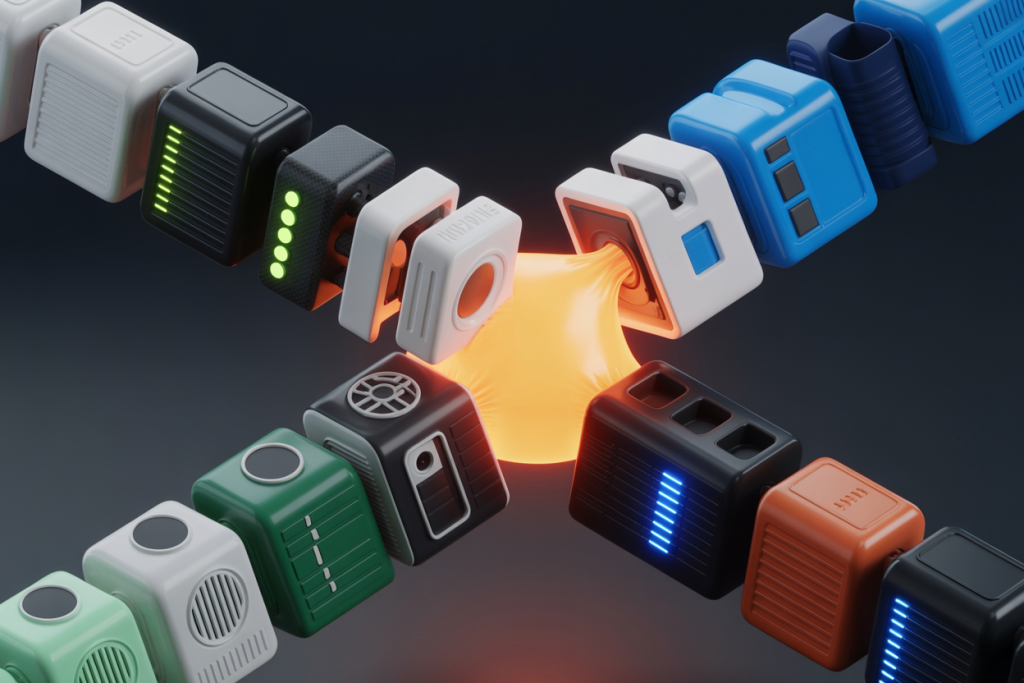 다양한 모듈이 만나 연결점을 형성하는 데이터 블록 구조