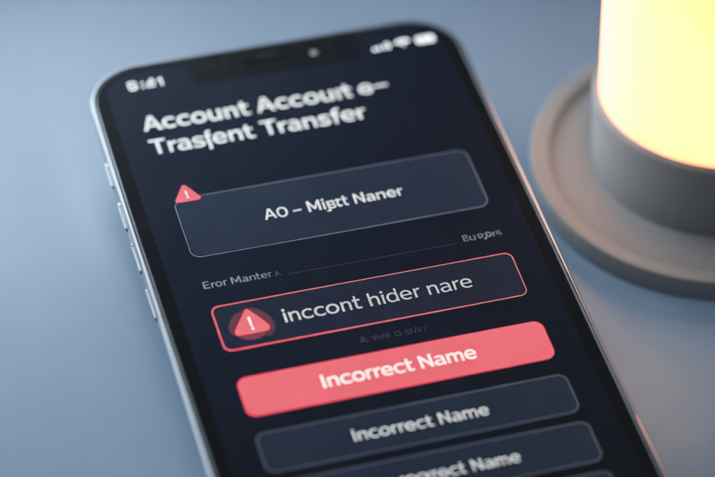 모바일 송금 화면에서 이름 오류 경고가 표시된 잘못된 계정 정보 입력 사례