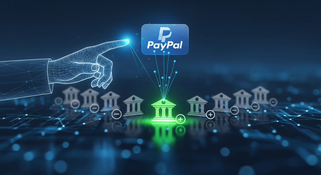 PayPal 아이콘이 중앙 은행과 연결되며 다양한 금융 기관과 상호작용을 나타낸 디지털 송금 네트워크 이미지