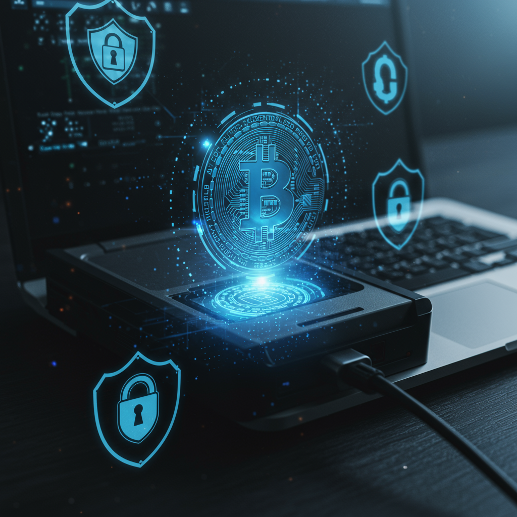노트북 위에 비트코인 디지털 코인이 떠 있고 주변에 보안 아이콘이 나타난 암호화폐 보안 개념 이미지