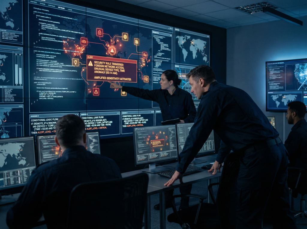 사이버 보안 상황실에서 위협 분석을 수행하는 팀