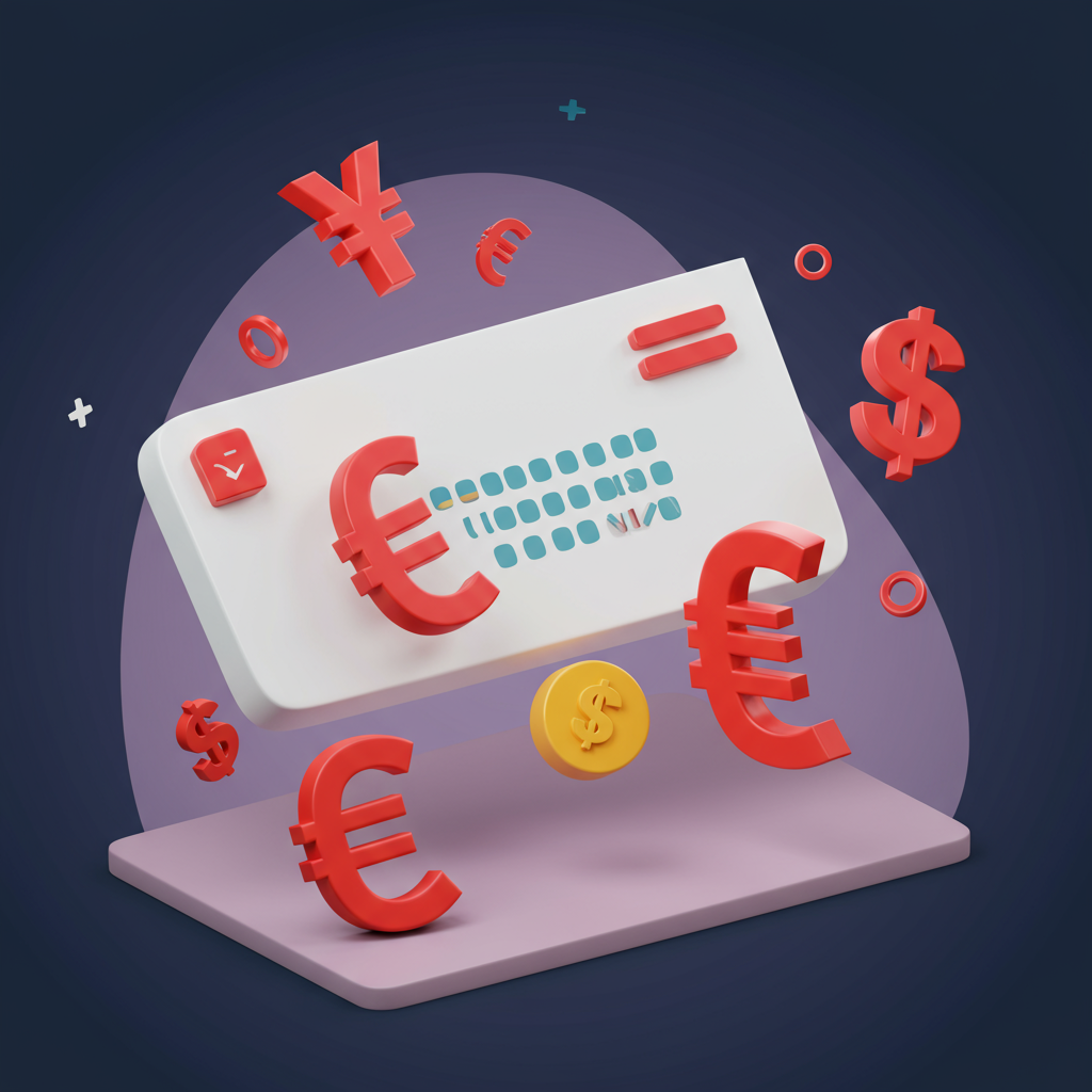 여러 통화 기호가 떠 있는 상태에서 결제 카드가 강조된 글로벌 결제 및 환율 개념 3D 이미지