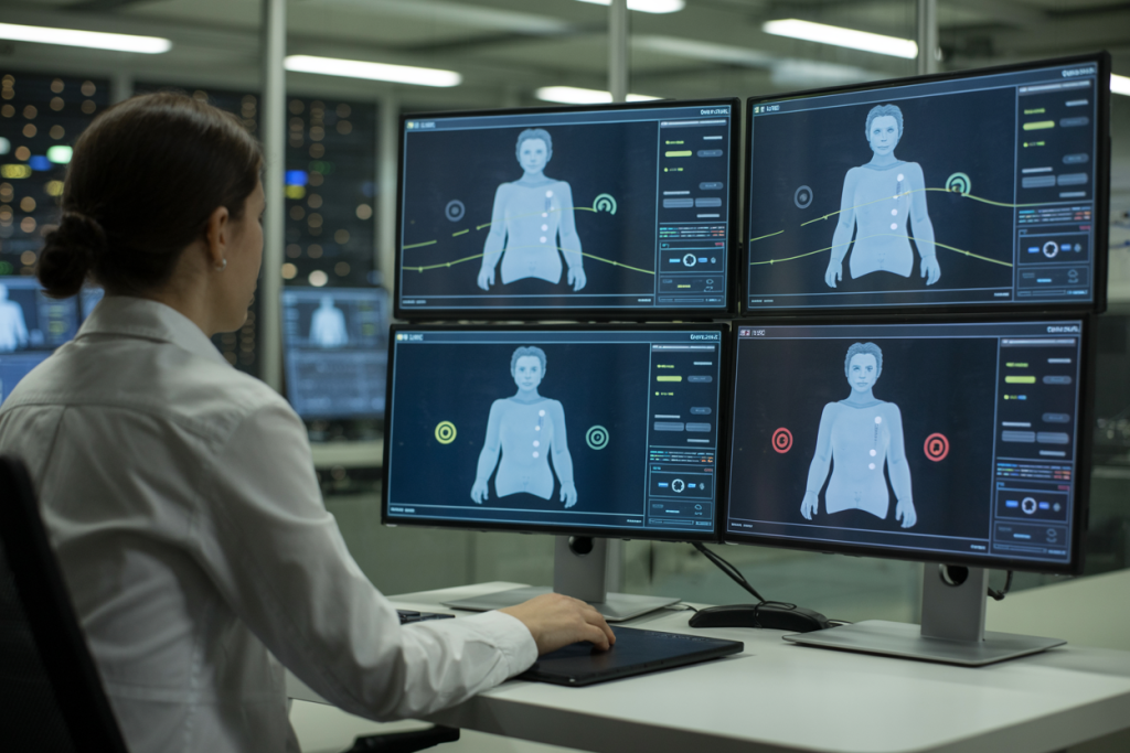 모니터 네 대로 신체 상태를 분석하는 의료 진단 화면