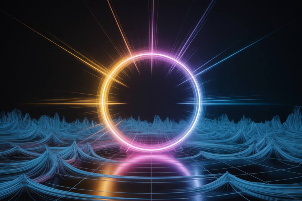 빛나는 원형 게이트가 디지털 파형 위에 떠 있는 추상적 구조