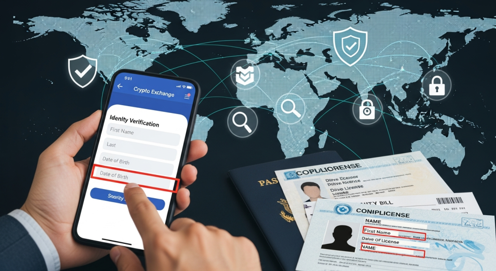 전 세계 지도 위에서 휴대폰으로 KYC 인증 정보를 입력하고 여권·신분증과 함께 검증하는 암호화폐 인증 화면