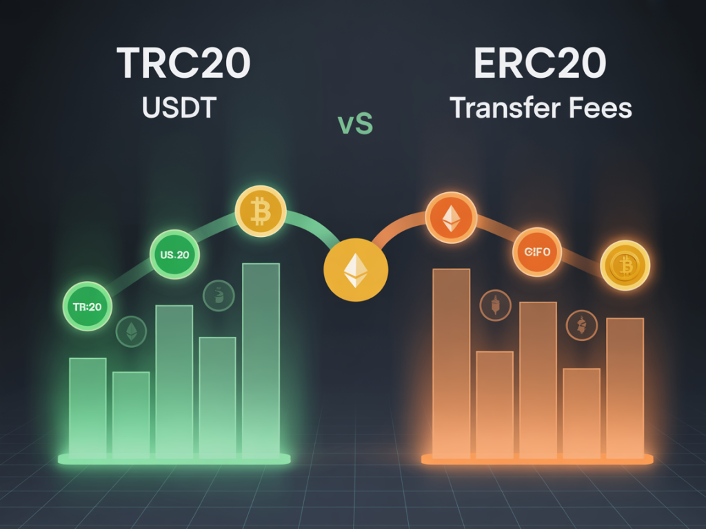 TRC20 USDT와 ERC20 전송 수수료 차이를 막대 그래프와 아이콘으로 비교한 시각화 이미지