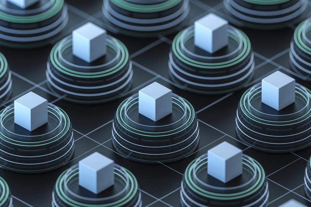 정교하게 배열된 큐브와 원형 베이스의 3D 구조 패턴