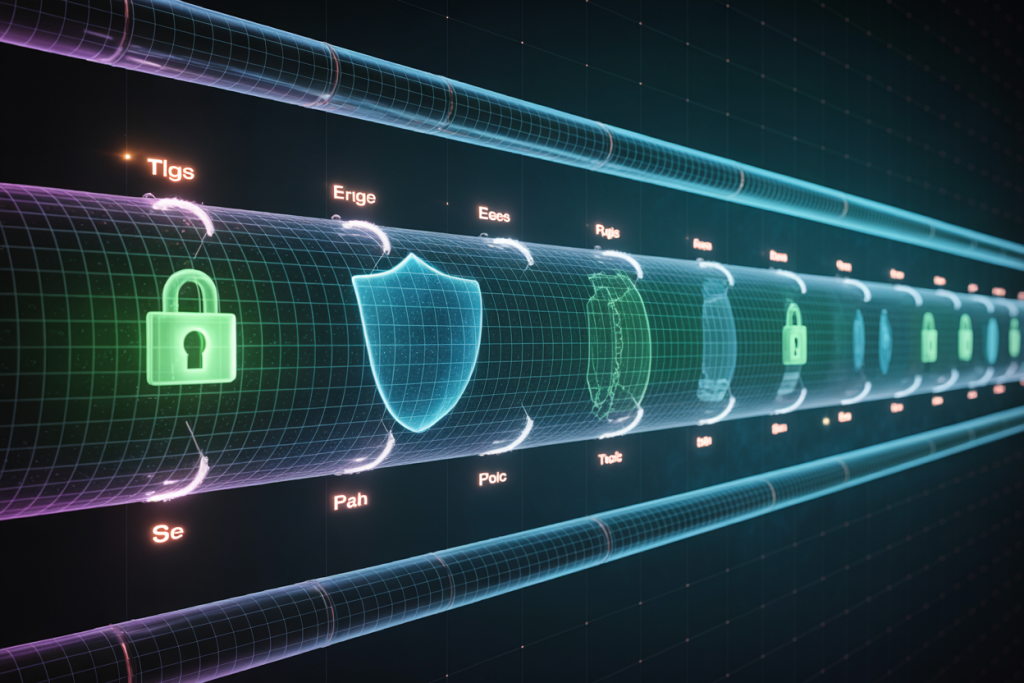 잠금 아이콘과 보호막 아이콘이 배치된 보안 데이터 터널