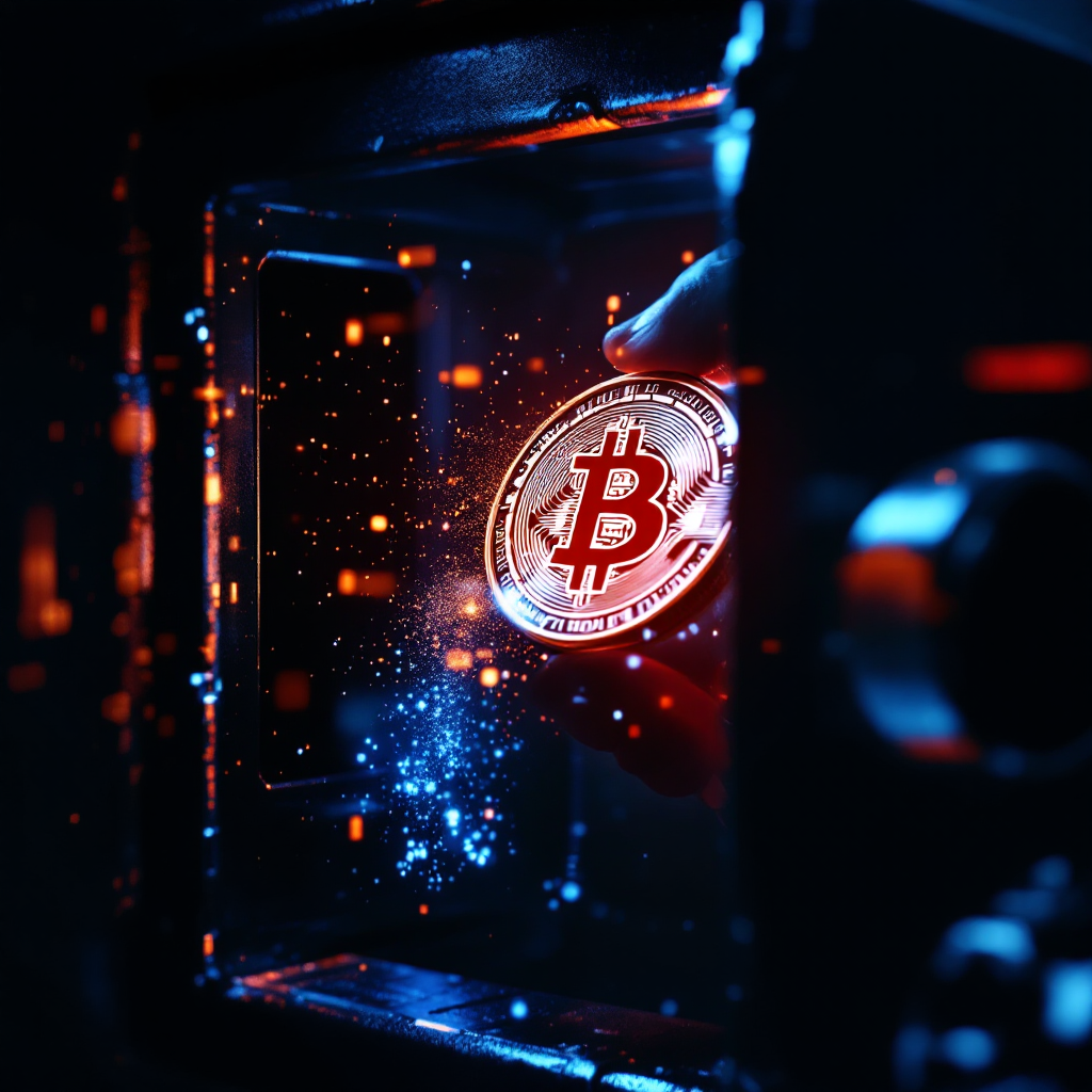 금고 내부에서 손이 빛나는 비트코인 코인을 꺼내는 장면을 묘사한 보안 강화 이미지