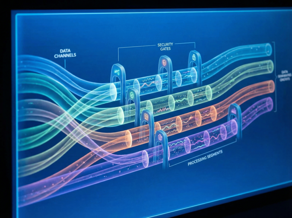 데이터 채널과 보안 게이트 흐름을 시각화한 다층 파이프라인